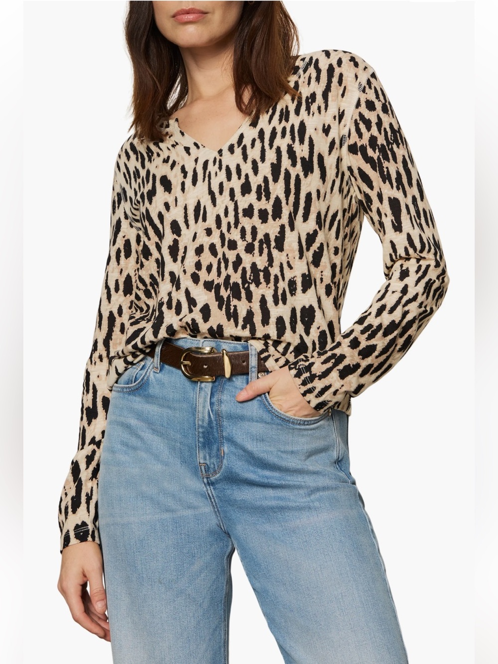 NWT Sanctuary Animal Print Split Neck Cotton Blend Knit Top Size Small Fall Chic